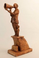 Last of the Echo People, Ceramic, 18H x 11W x 4.5D A ceramic sculpture by Michael Hermesh that depicts a man with a megaphone standing at the the top of a set of stairs